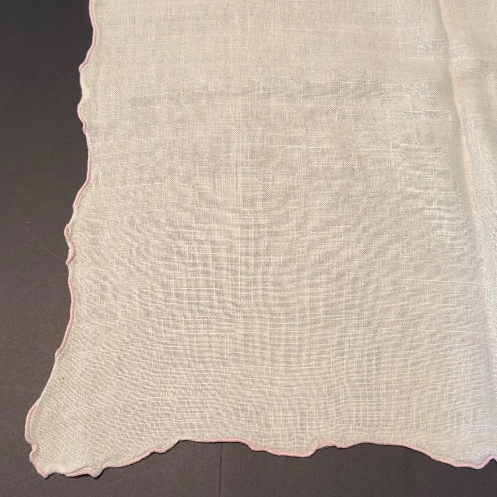 Vintage Linen Tablecloth White Pink Scalloped Edge 48x64 Cottagecore Farmhouse